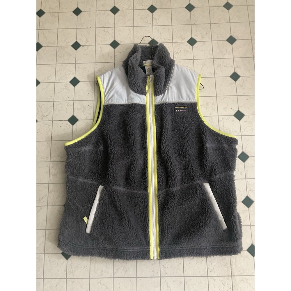 L.L. Bean Fleece Vest Womens 1x-Plus Gray White Full Zip Collared Sherpa Winter
